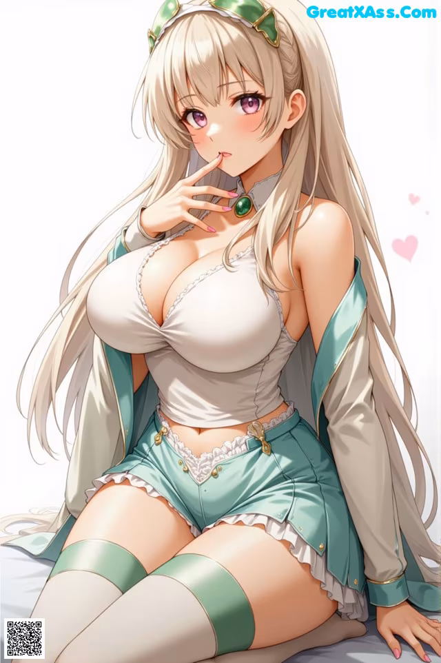 Anime girl with long blonde hair sitting on a bed.