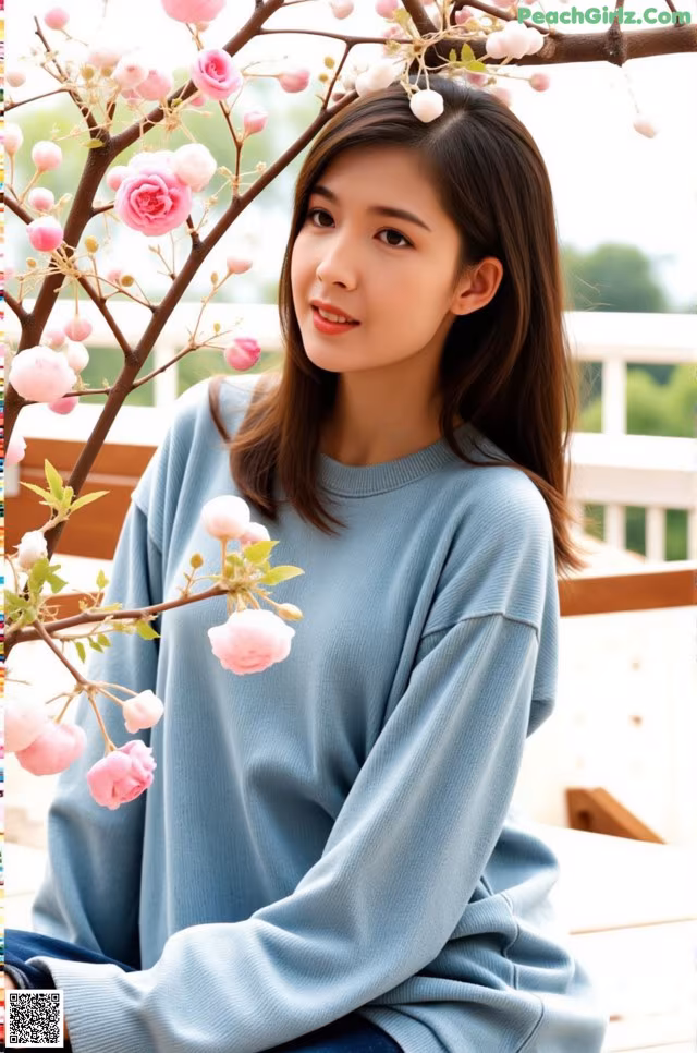 A woman sitting on a bench next to a tree with pink flowers.