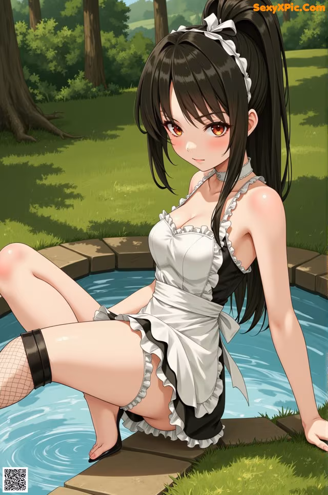 A woman in a maid outfit sitting on the edge of a pool.