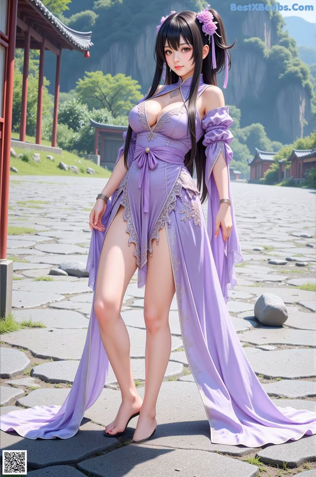 A woman in a purple dress standing in front of a building.