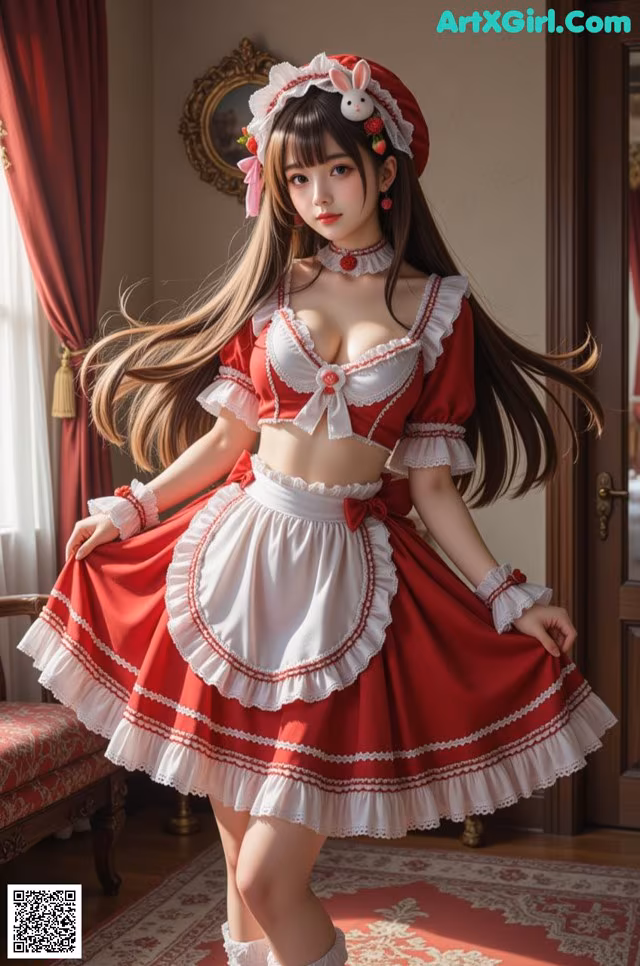 A woman in a red and white maid outfit posing for a picture.
