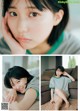 A collage of photos of a young woman sitting on a couch.