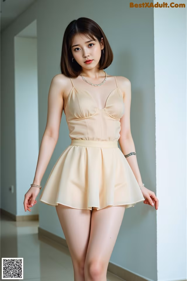 A woman in a beige dress posing for a picture.
