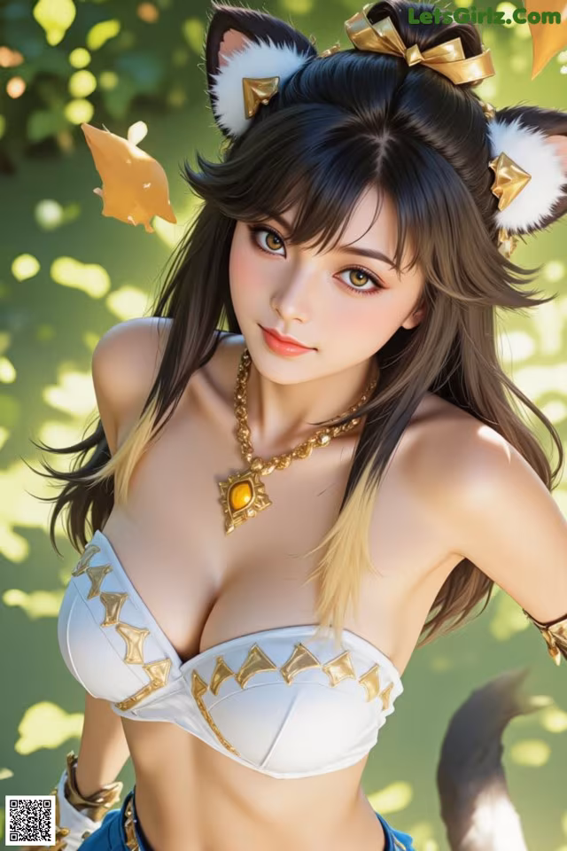 A woman in a white bikini with a cat ears on her head.