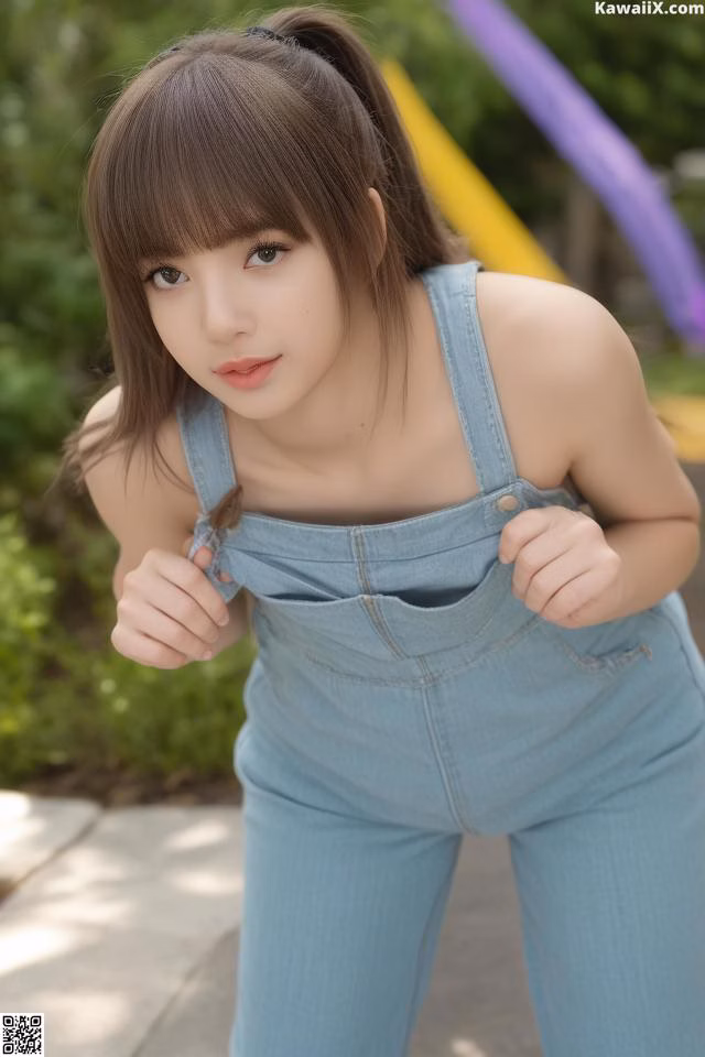 A young woman in a blue jumpsuit posing for a picture.