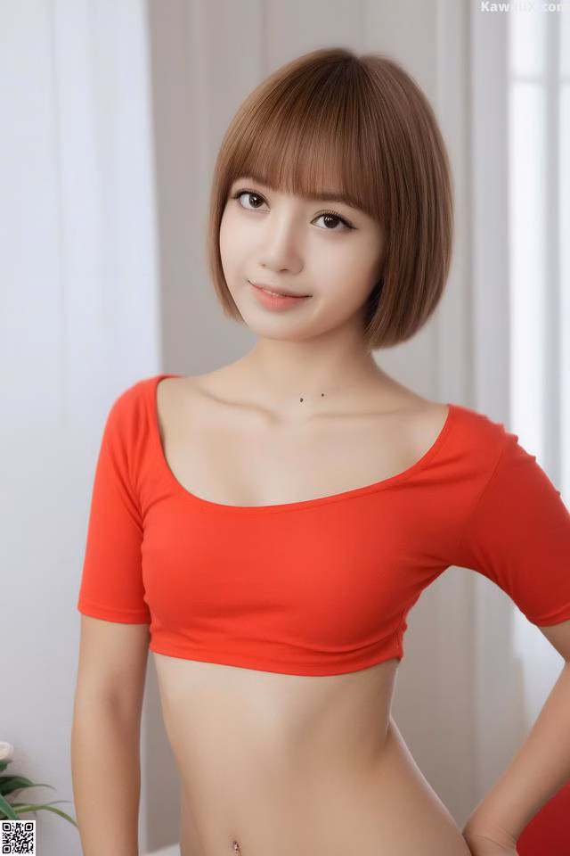 A woman in a red shirt posing for a picture.