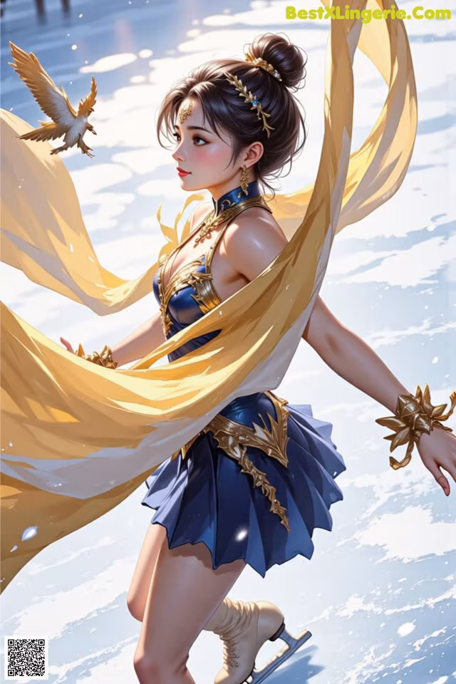 A woman in a blue dress holding a yellow scarf.
