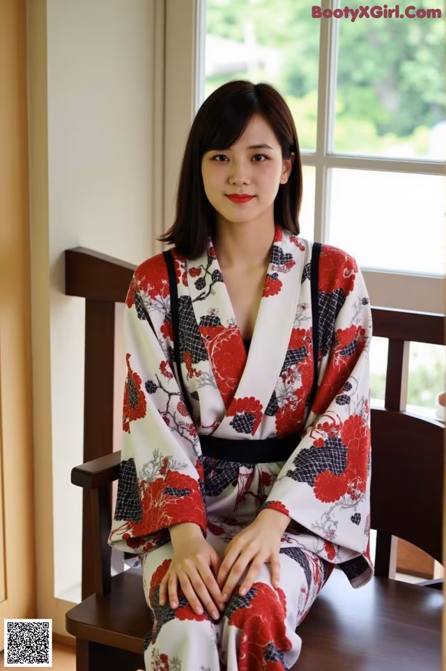 A woman in a red and black kimono sitting on a chair.