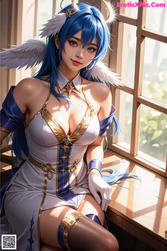 A woman with blue hair sitting on a window sill.