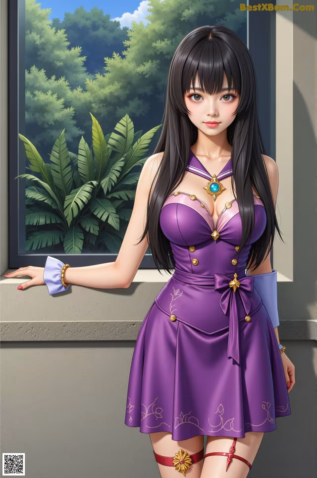 A woman in a purple dress standing by a window.