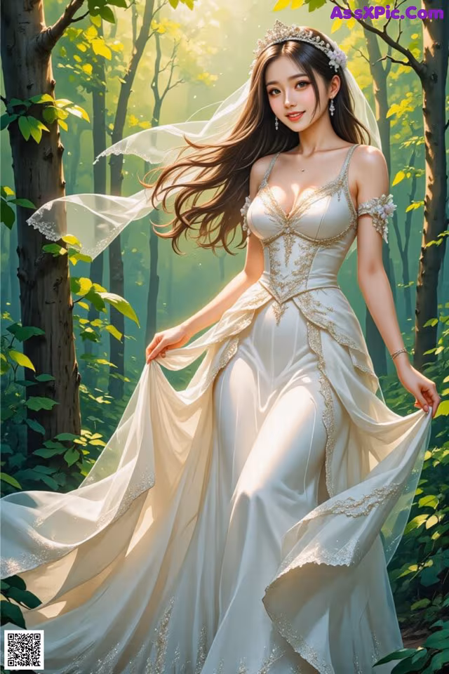 A woman in a wedding dress standing in the woods.