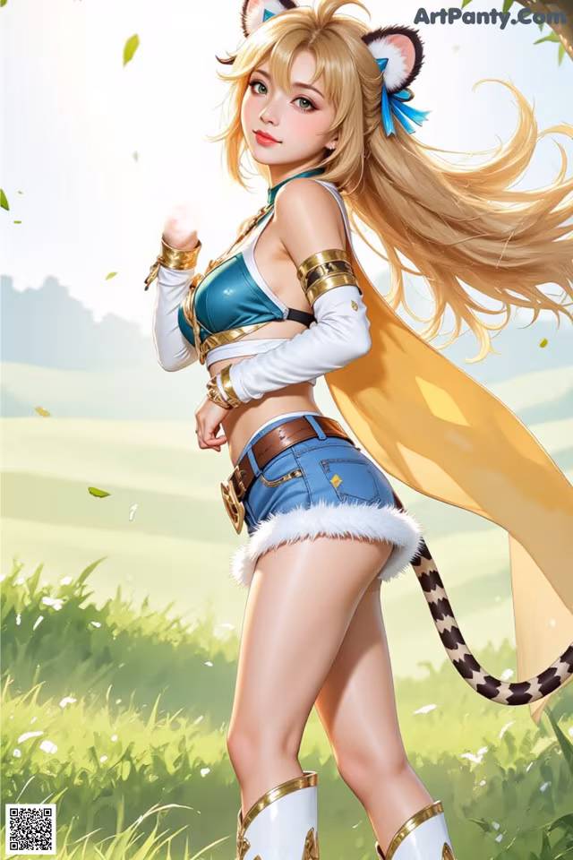 A woman in a cat costume standing in a field.