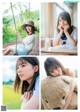 A collage of photos of a woman sitting on a swing with a teddy bear.