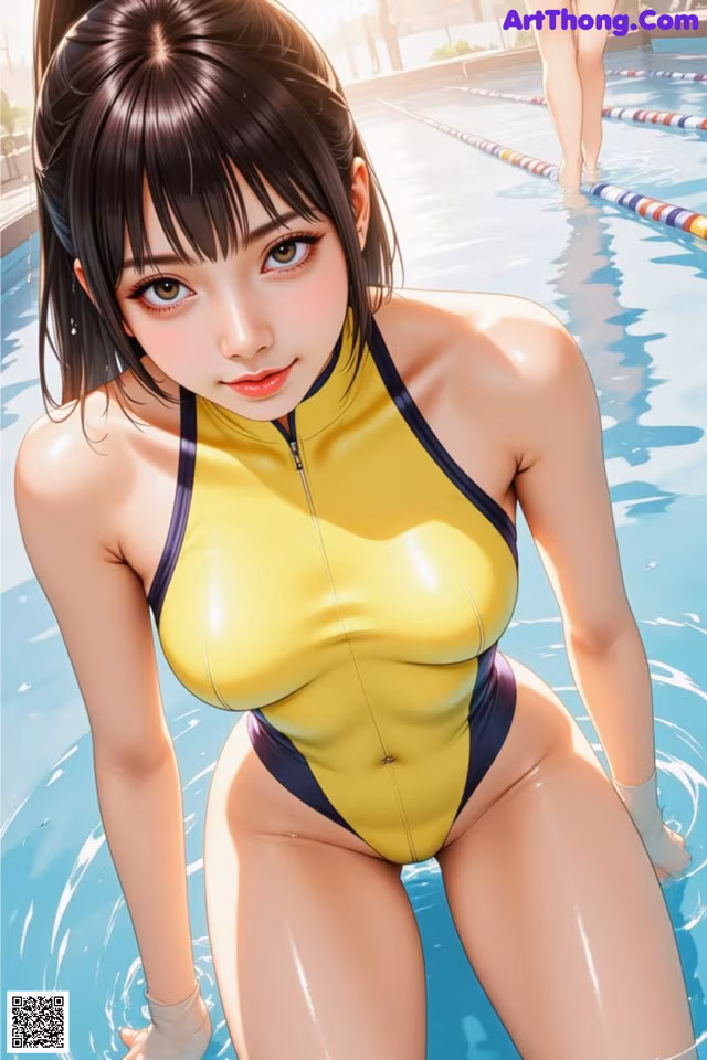 A woman in a yellow bathing suit standing in a pool.