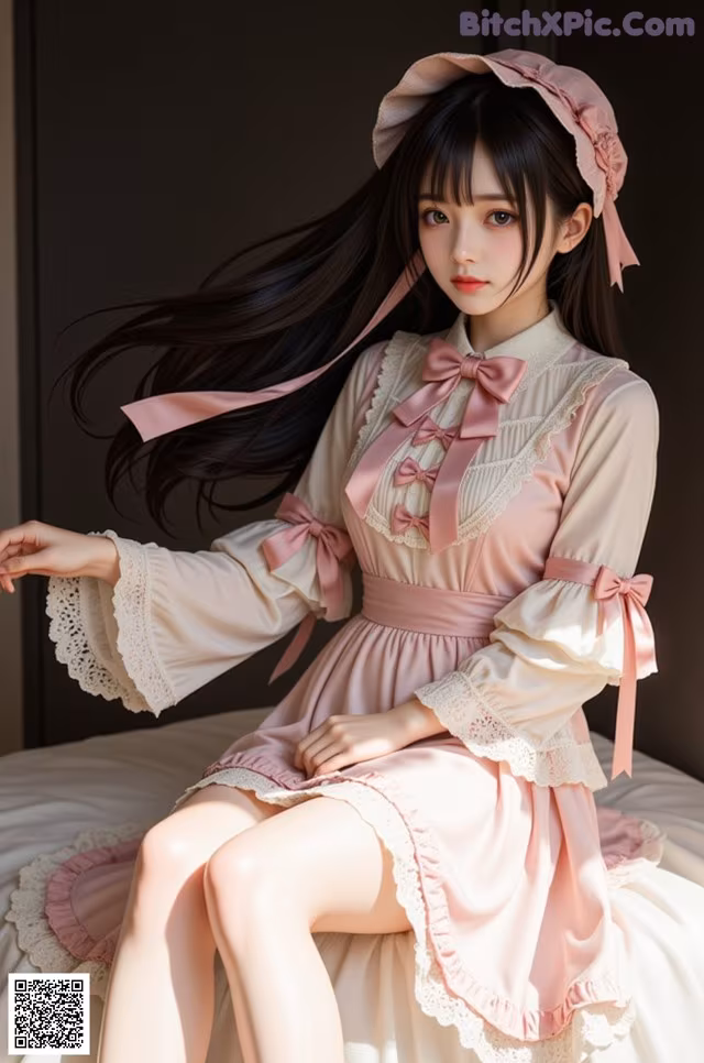 a woman sitting on top of a bed wearing a pink dress