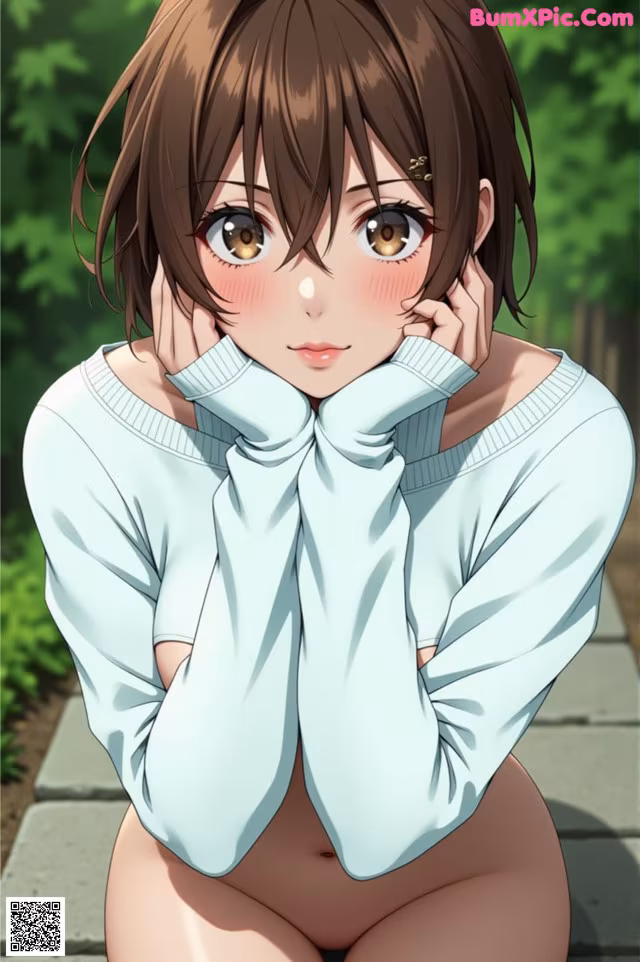 A girl in a white sweater is sitting on a sidewalk.