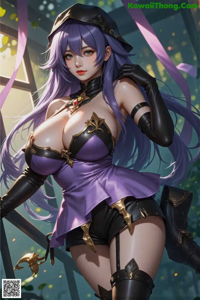 A woman with long purple hair wearing a purple top and black shorts.