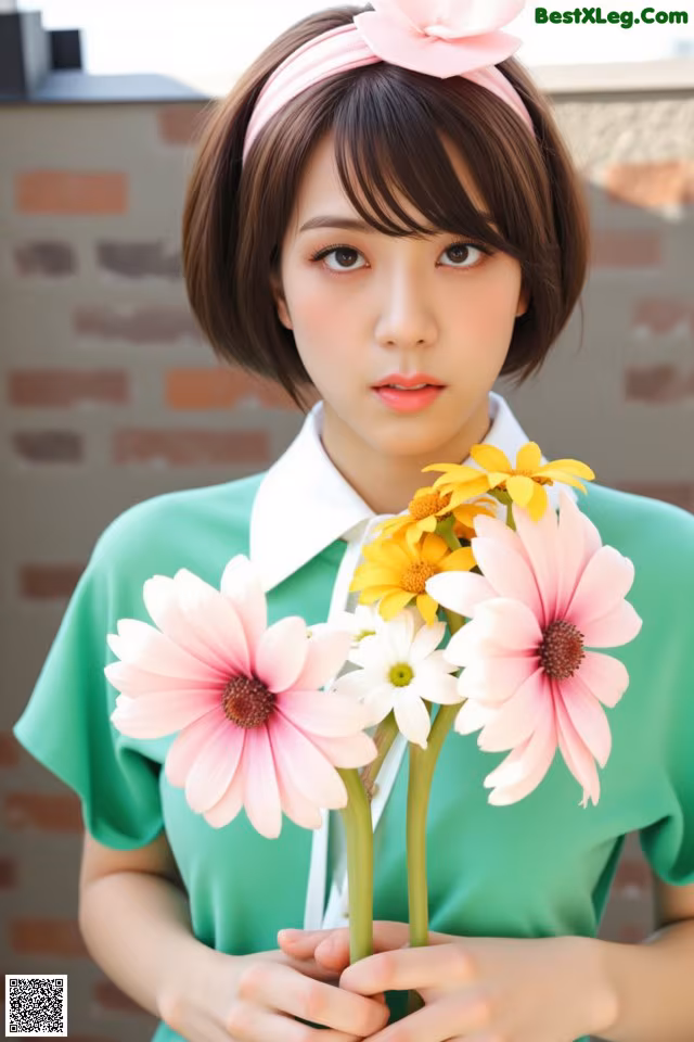 A woman holding a bunch of flowers in her hands.
