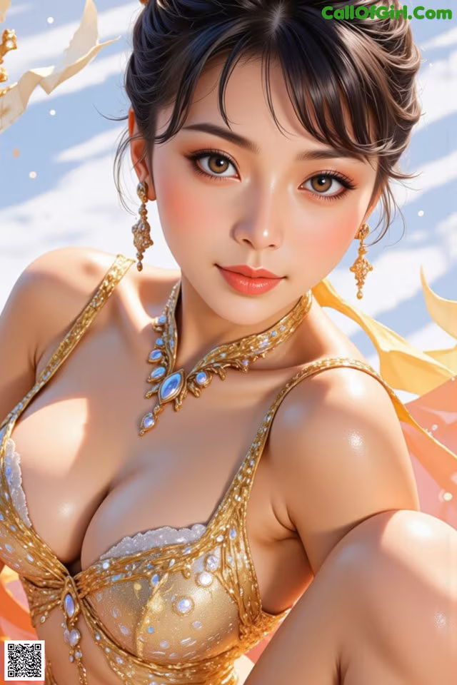 A woman in a gold bikini sitting on a beach.