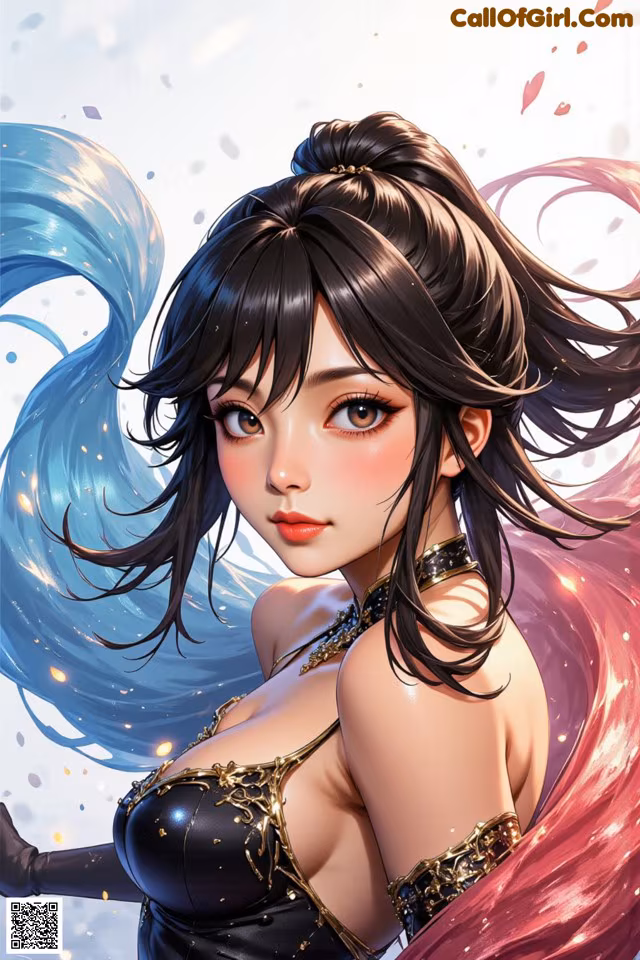 A woman with long black hair wearing a black dress.